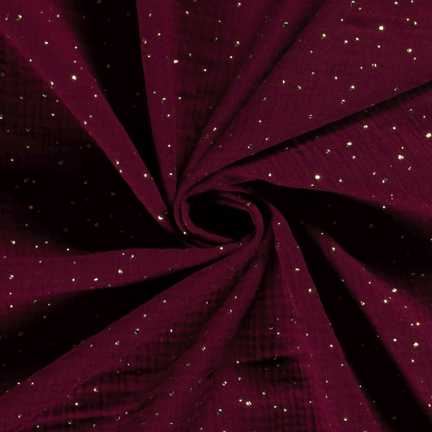 Double gaze de Coton bordeaux a pois or