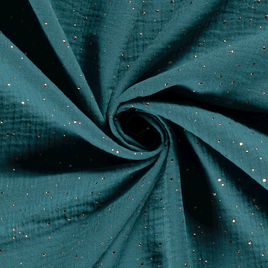 Double gaze de Coton bleu canard a pois or
