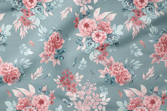 Coton PREMIUM fleurs roses sur fond olive